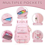 HASTHIP® Girls School Backpack 15.6 Inch, Cute Pink Waterproof Cartoon Bookbag, Oxford Cloth Multi-Compartment Travel Backpack, Birthday Christmas Gift for Schoolgirls