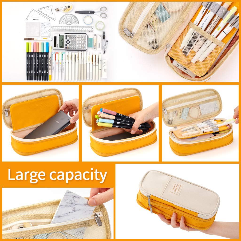 Climberty® Big Capacity Pencil Case Stationery, Storage Multiple Compartment Double Zipper Portable Large Storage High Capacity Bag Pouch for College Student Teen (Yellow)