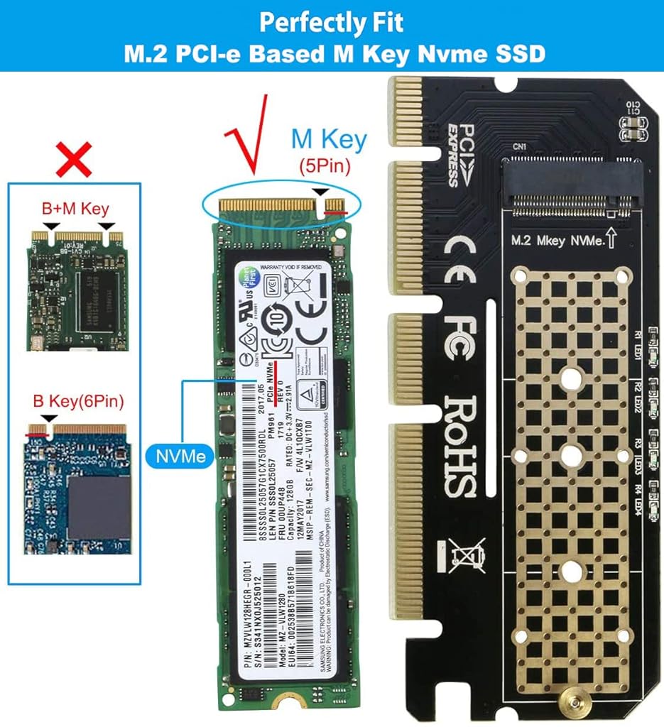 HASTHIP® NVME Adapter PCIe 3.0 x16 M.2 NVME SSD Adapter Card with Gel Pad,Supports 2230/2242/2260/2280 M-Key SSD,PCIe x4 x8 x16 Slot Not for AHCI/B-Key/B+M