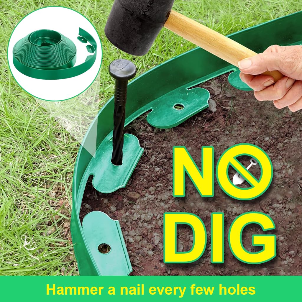 HASTHIP Garden Edging Border for Flower Beds with 32.8ft Length and 30 Nails | UV-Resistant Green Trim