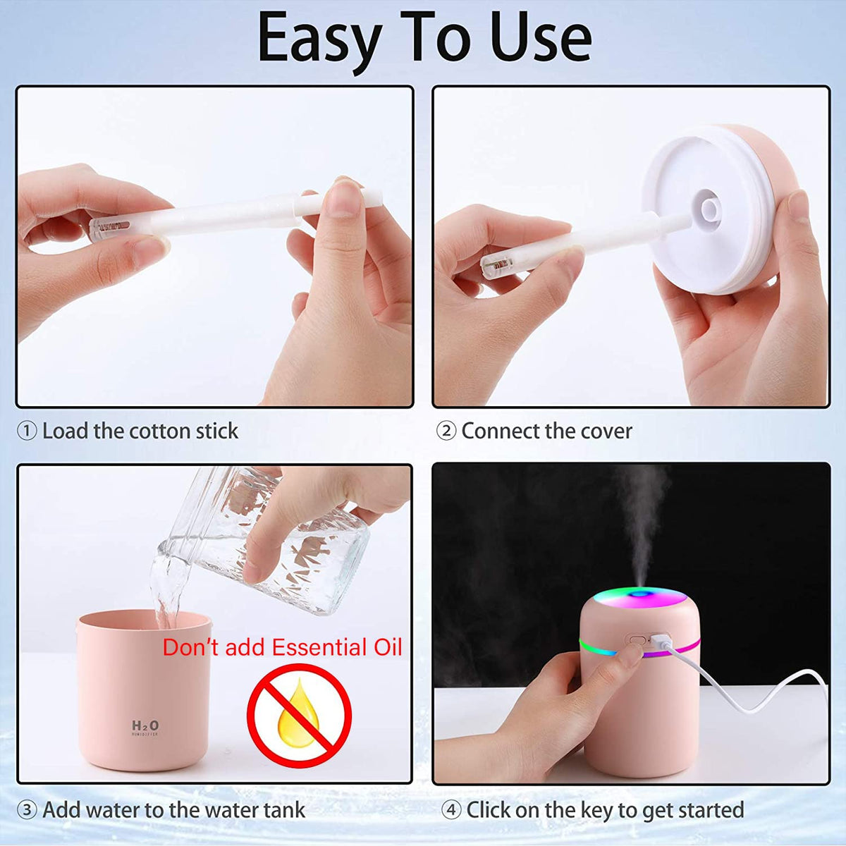 HASTHIP Mini Humidifier for Bedroom and Office with 300 ml Tank featuring 2 Spray Modes | Quiet 26 dB Operation and Colorful Light