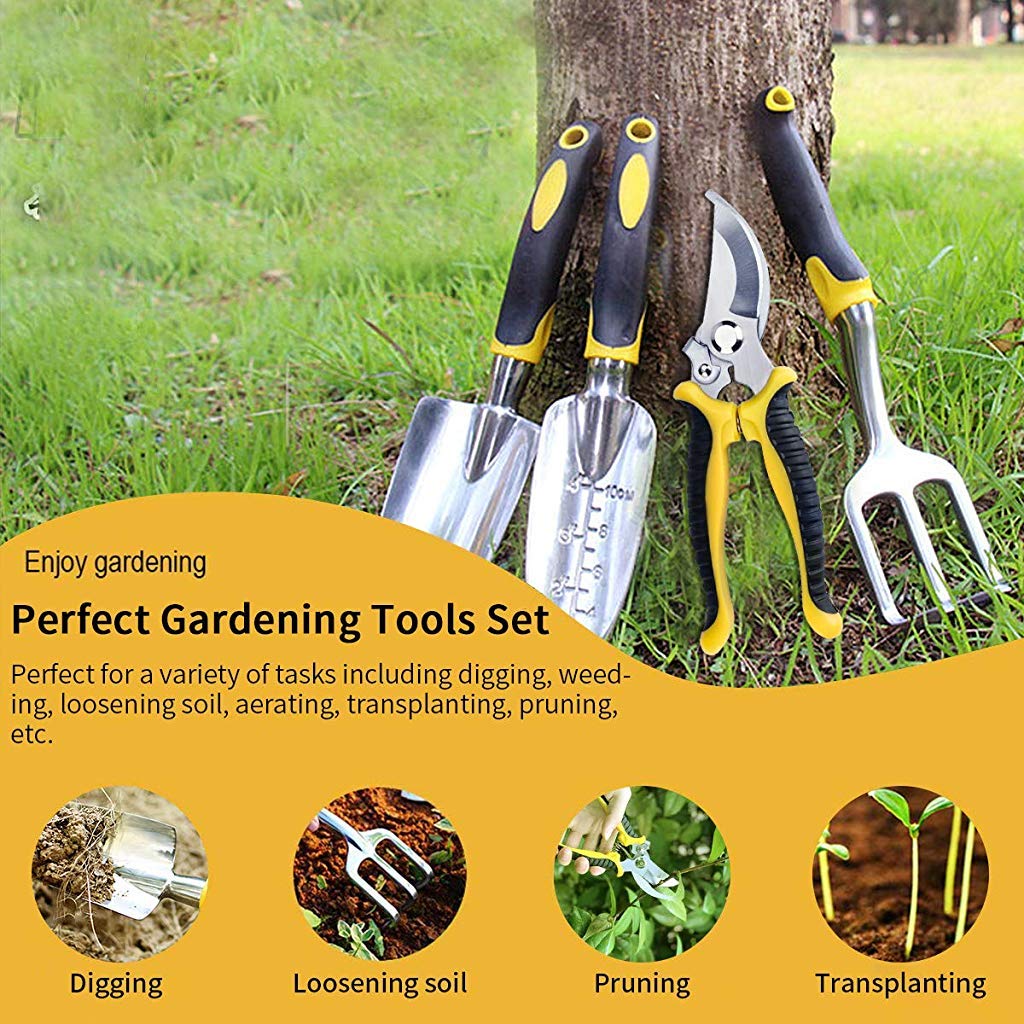 5Pcs Gardening Tools for Garden Home Patio, Heavy Duty Aluminum Tools Set with Gardening Transplanting Spade, Cultivator, Pruner, Trowel and Gardening Gloves, Durable Gardening Accessories