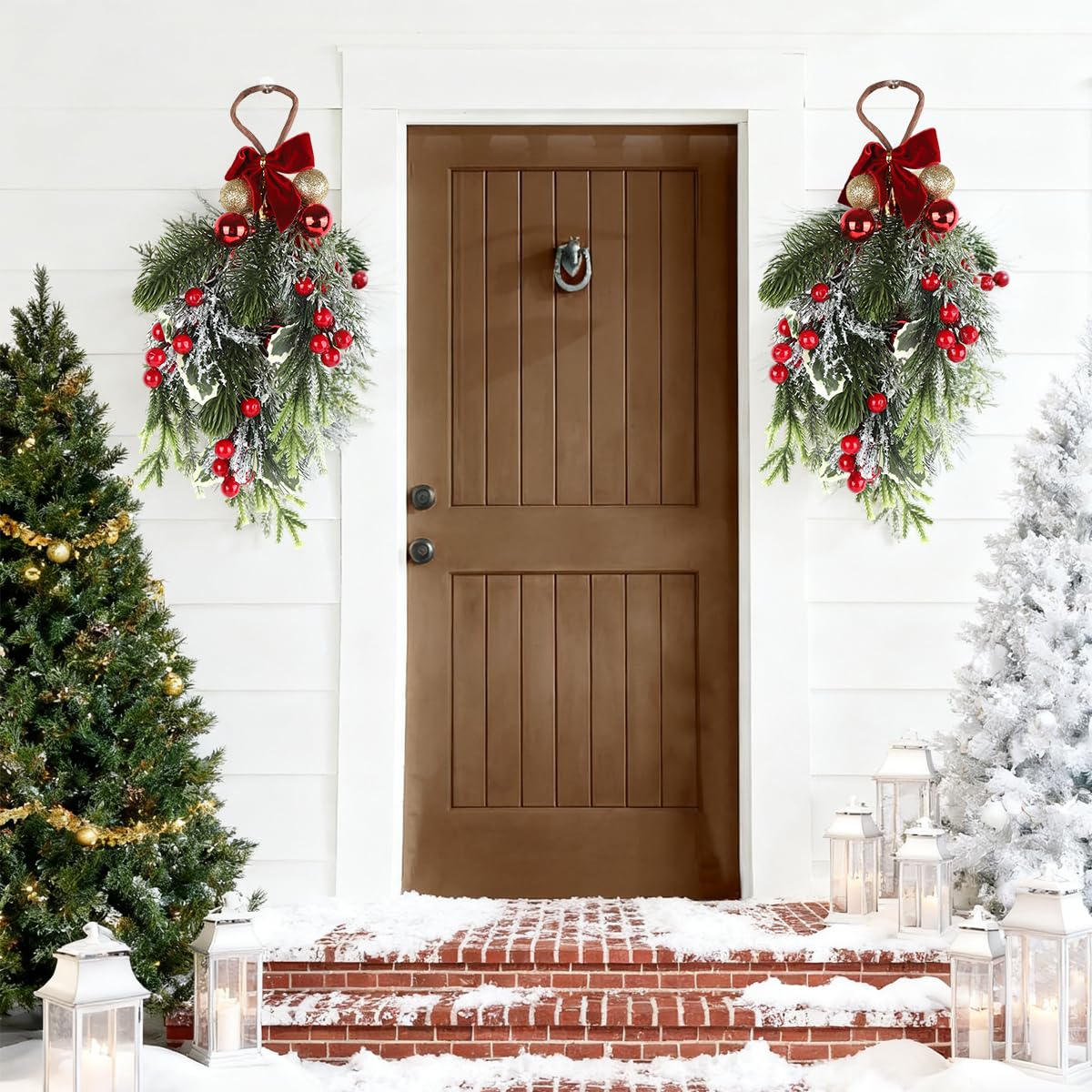 HASTHIP Christmas Teardrop Swag for Door or Wall with Red Bowknot & Berries | 14.9 in Artificial Snow-Dusted Greenery Decor