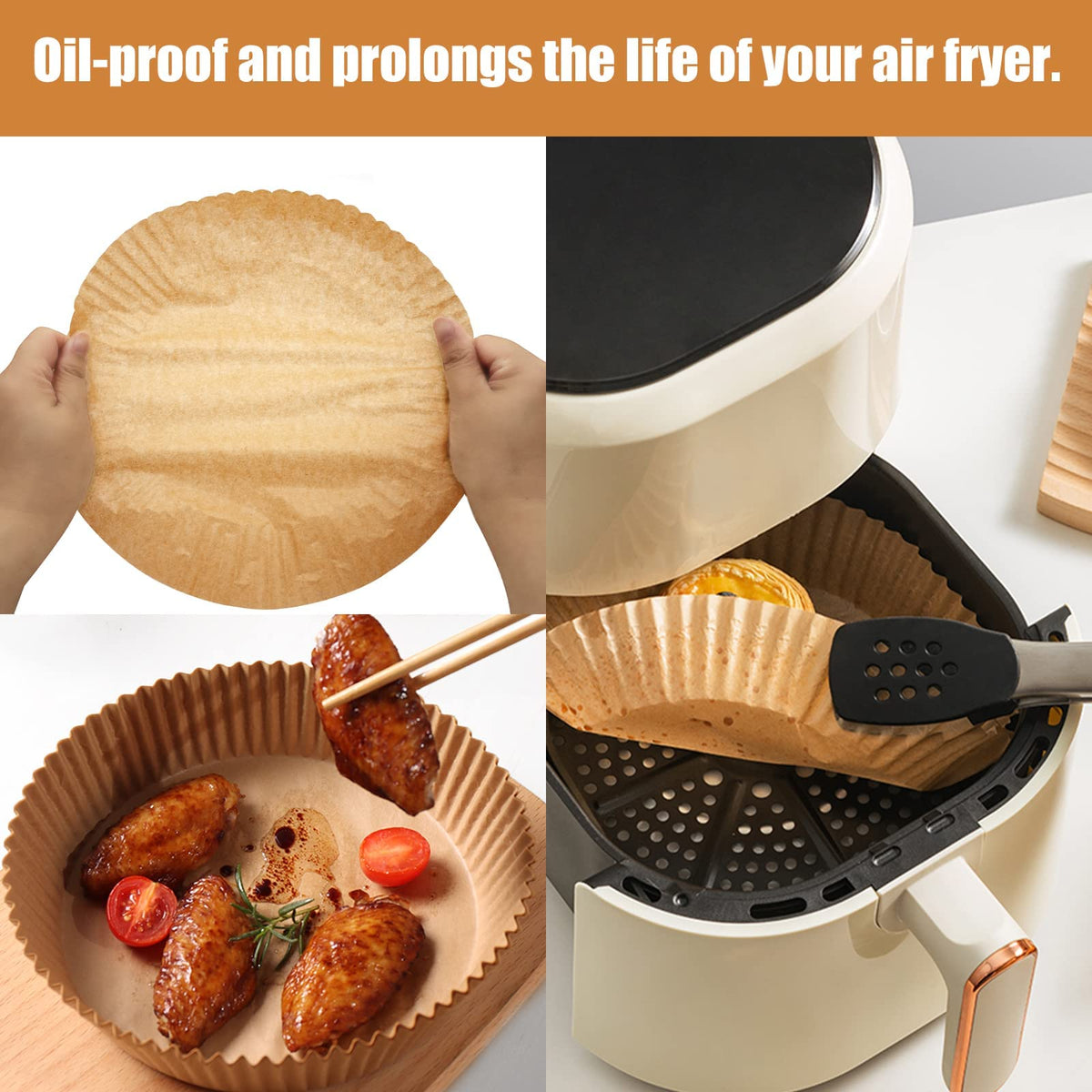 HASTHIP Air Fryer Paper Sheets 50pcs for Baking and Cooking with 4.5cm Raised Edge | Natural Greaseproof Parchment Liners