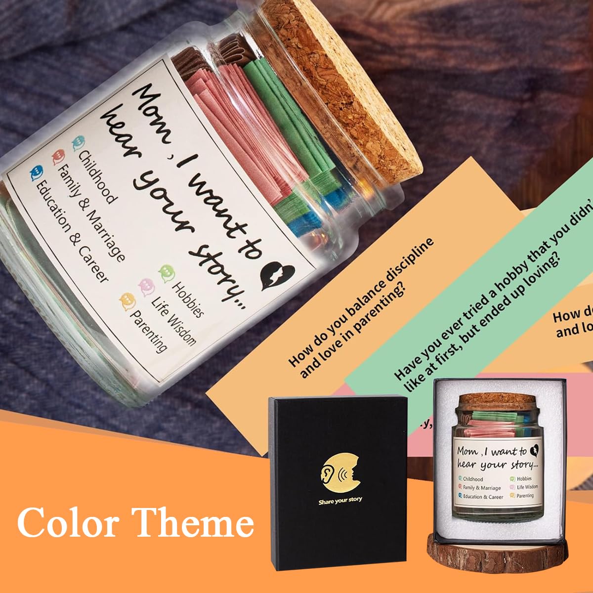 HASTHIP Mom I Want to Hear Your Story Jar for Mothers featuring Color Coded Themes | Thoughtful Family Conversation Game
