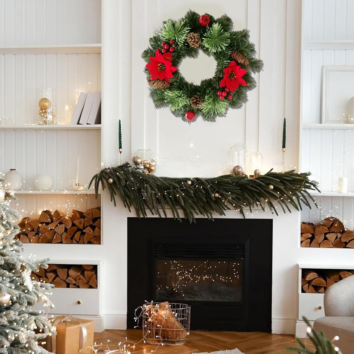 HASTHIP® 15.74 Inches Red Poinsettia Christmas Wreaths Decorative Door Hanging Ornament for Christmas Realistic Poinsettia Red Holly Pinecone Wreaths for Home Decor Wall Decor Christmas Tree Decor