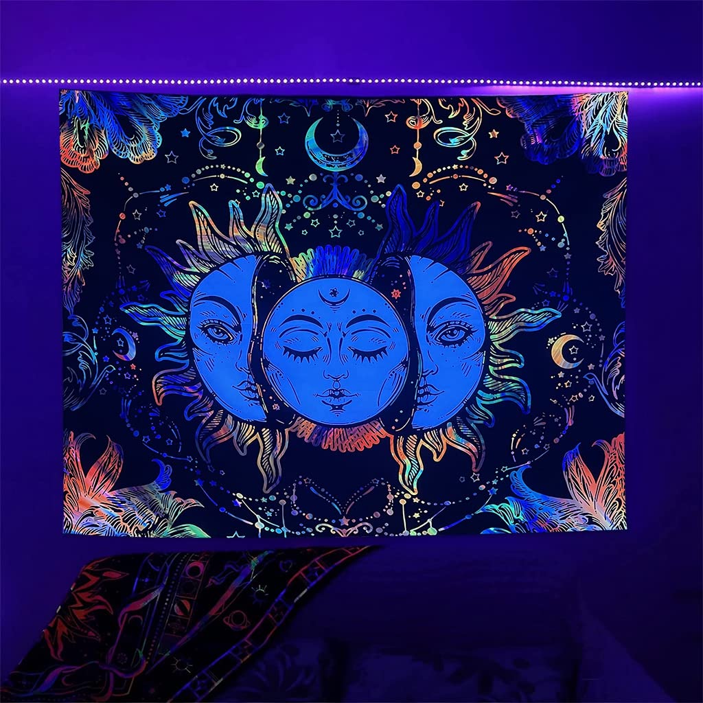 Uv Luminous Tapestry Uv Reactive Tapestry Glow In The Dark Sun And Moon Tapestry Uv Reactive Tapestry Wall Hanging (51Inch X 59Inch) (Multi-Colour)