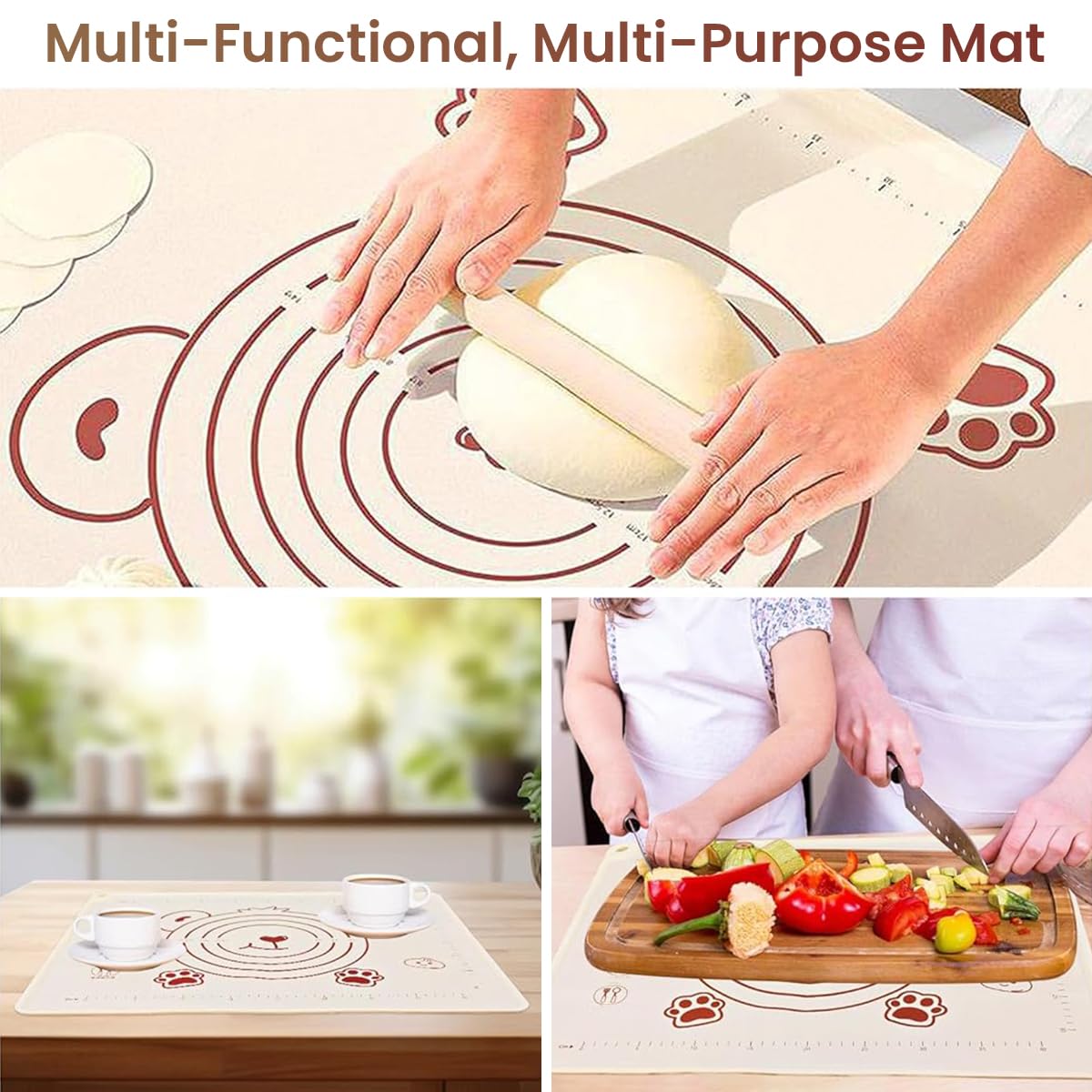 HASTHIP Silicone Baking Mat for Dough Rolling with Non Stick Surface and Measurement 19.6x15.7 in | Includes Scraper and Brush