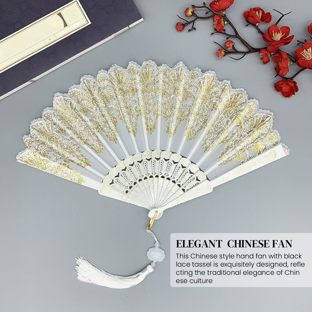 HASTHIP Hand Fan for Summer Travel with Tassel Charm 9 in 3 pcs White Fabric | Gift for Women