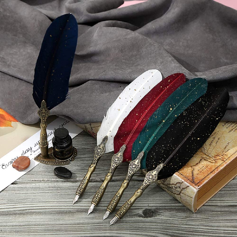 Optifit® Vintage Carving Feather Pen Set, Glittering Quill Pen Set Antique Calligraphy Writing Dip Pen with Black Ink, 2 Replacement Nibs, Pen Stand Base, Luxury Signature Pen