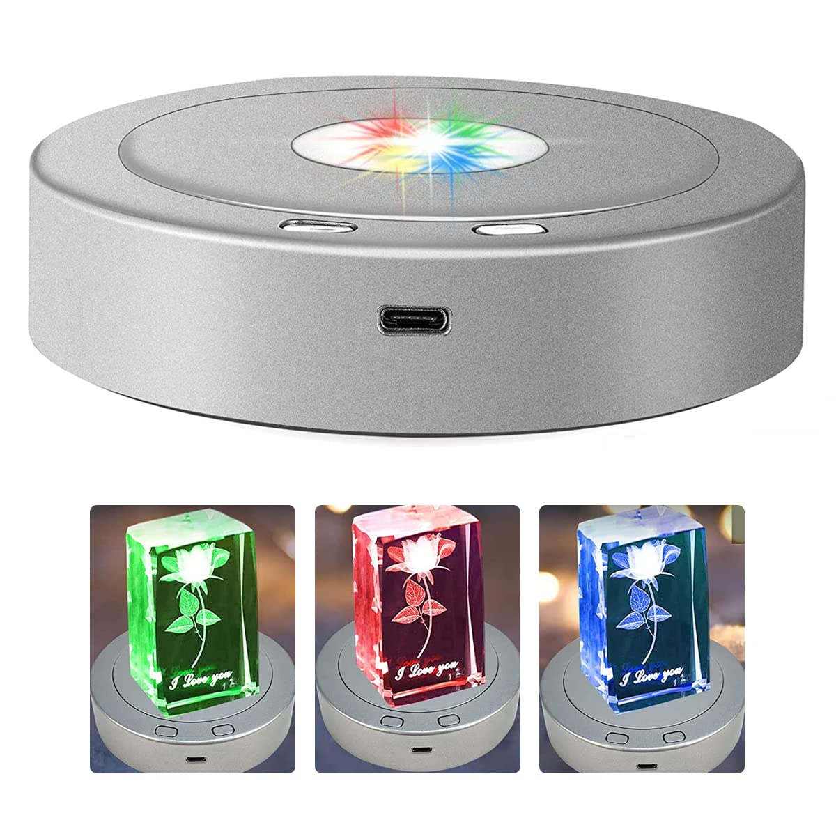 HASTHIP Rotating Display Stand for Crystal Crafts with 8 Light Modes and USB or Battery Power | 360° LED Turntable Base