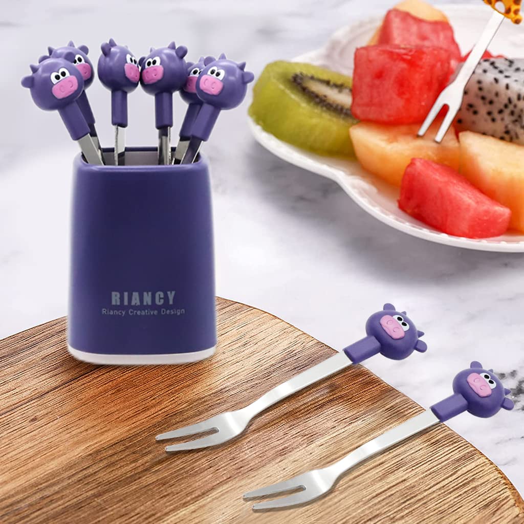 6Pcs Food Fruit Forks for Kids, Food Grade Stainless Steel Children's Food Fork with Base, Reusable Cute Cow Little Forks Dessert Forks for Cake Dessert Pastry Party, 4.65inch (Purple)