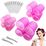 HASTHIP® Rulos para Cabello sin Calor,Juego de 12 Rizadores Autoadhesivos en 3 Tamaños (Jumbo,Grande y Mediano) con 12 Pinzas y Bolsa Portátil para Mujeres Niñas