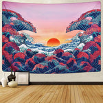 Sunset Wall Tapestry Forest Tree Tapestry Mountain Tapestry Wall Hanging Psychedelic Nature Polyester Landscape Tapestry Wall Decor for Bedroom(51"X59"), Polyester, blue