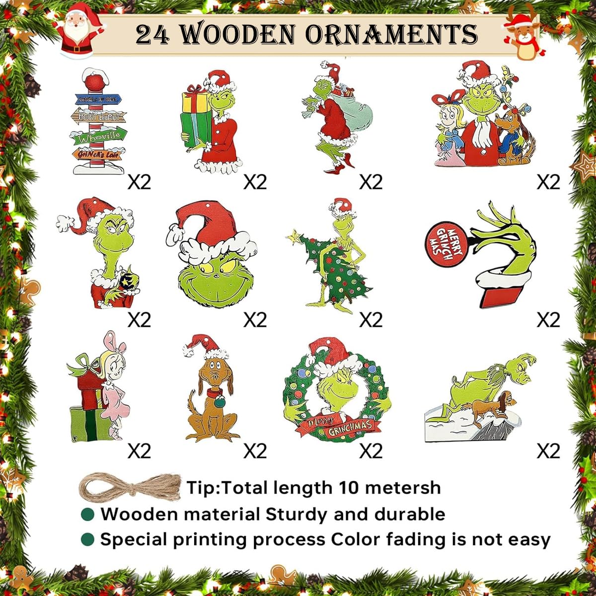 HASTHIP® 24pcs Funny Grinch Christmas Decorations Christmas Tree Wooden Hanging Ornaments Assorted Grinch -themed Christmas Tree Decorations for Home Decor Merry Grinch Mas Party Home Decoration