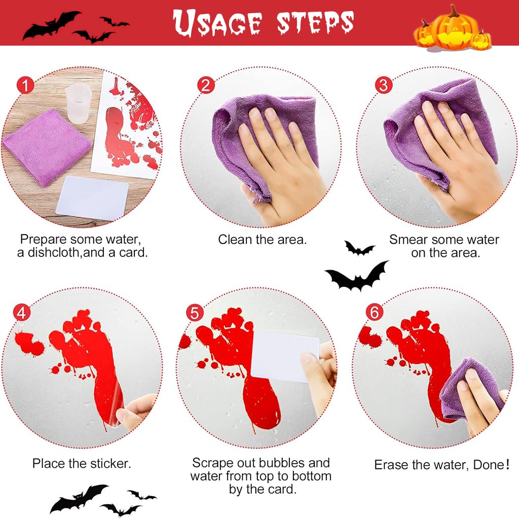 HASTHIP Halloween Horror Decals for Haunted House with 9 Sheets 95 Pcs PVC Stickers | Scary Red Handprint and Footprint Decor