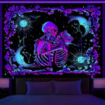 UV Luminous Skull Tapestry, UV Reactive Tapestry Glow in The Dark, The Kissing Lovers Tapestry, Skeleton Wall Art for Bedroom Living Room for Room Dorm (51inch x 59inch)