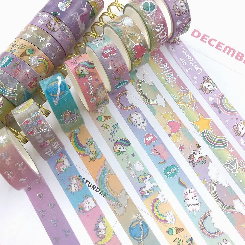 10 Rolls Unicorn Washi Tape Glitter Unicorn Pattern Washi Tape Decorative Adhesive Tape for DIY ,Beautify Bullet Journals,Planners