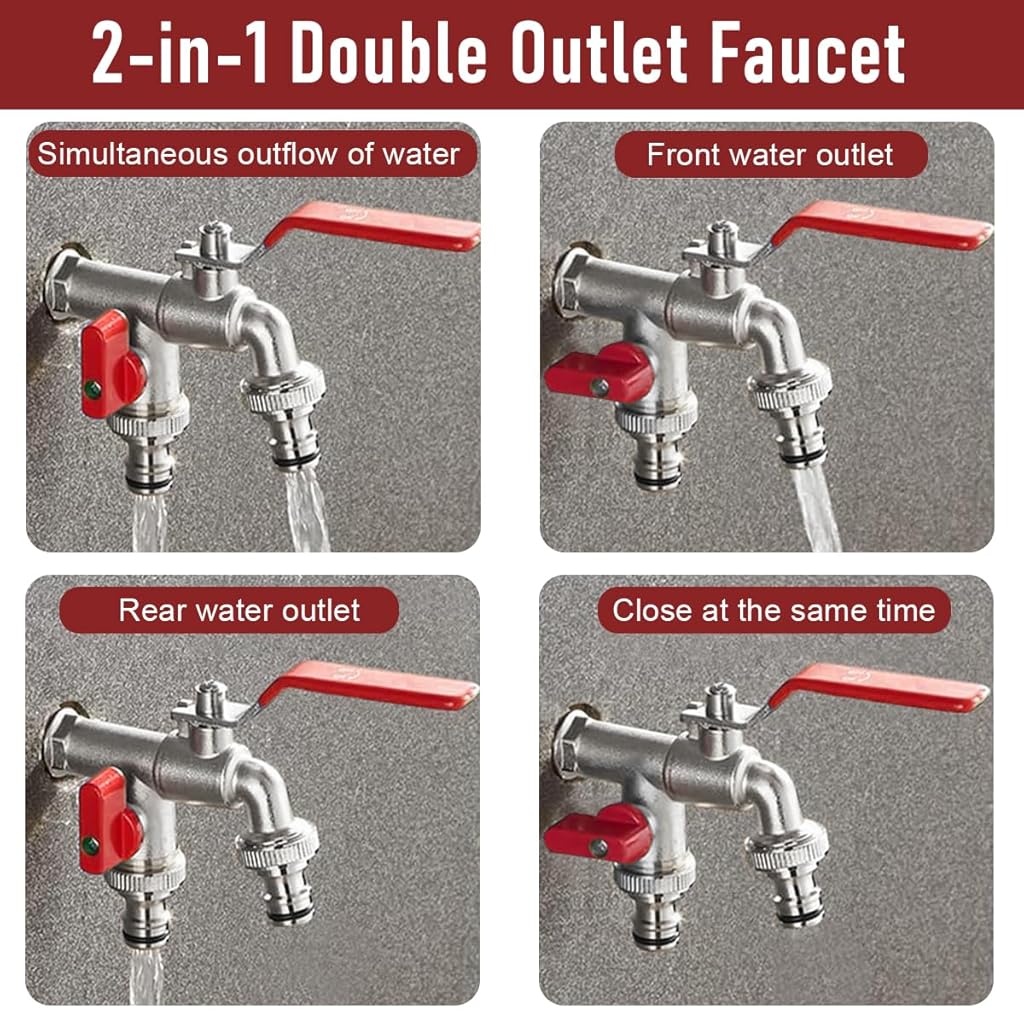 HASTHIP® 1/2 Inch Dual Outlet Garden Faucet Splitter, Heavy Duty Zinc Alloy Double Valve Tap with Individual Control, Outdoor Faucet Garden Tap for Efficient Water Distribution