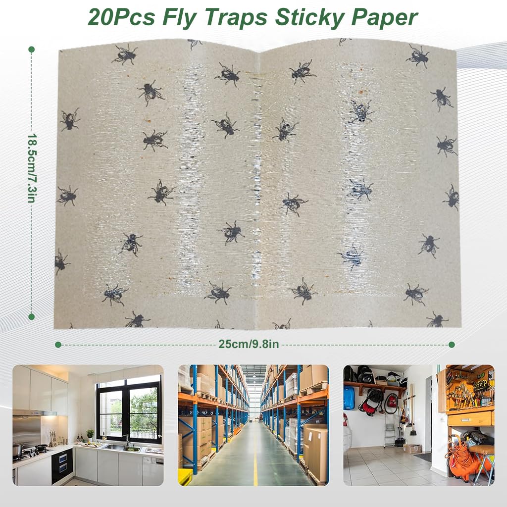 HASTHIP® 20Pcs Fly Traps Sticky Paper Kitchen Fly Traps Sticky Paper Double Side Strong Adhesive Fly Traps Non-chemical Child Safe Pest Sticky Traps Paper for Kitchen, Room, Plants, 18.5x12.5cm