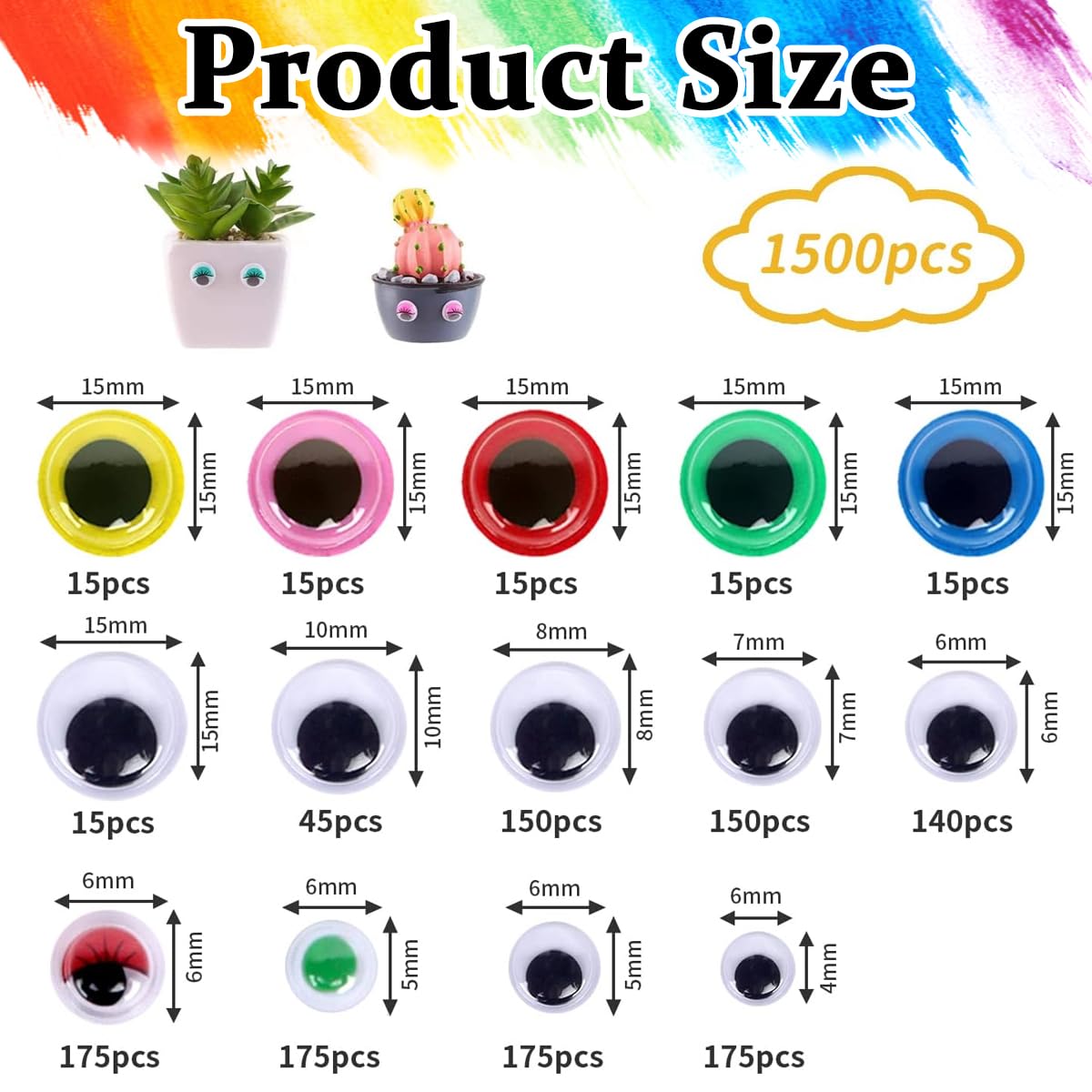 HASTHIP Googly Eyes for Crafts with Self-Adhesive Wiggle Design 1500pcs Assorted Colors and Sizes