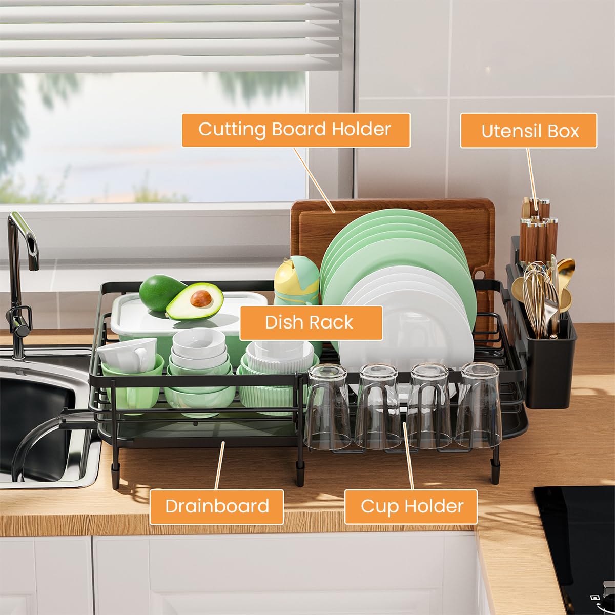 HASTHIP Dish Drying Rack for Kitchen Counter with Drip Tray and Retractable Metal Design