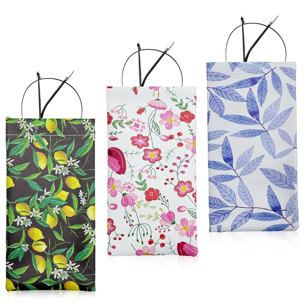 HASTHIP® Estuche para Gafas de Sol 3 Piezas Pequeño,Funda Impermeable de PU con Diseño Floral,Bolsa Maquillaje y Monedas con Cierre Automático Forro Gamuza Suave Organizador