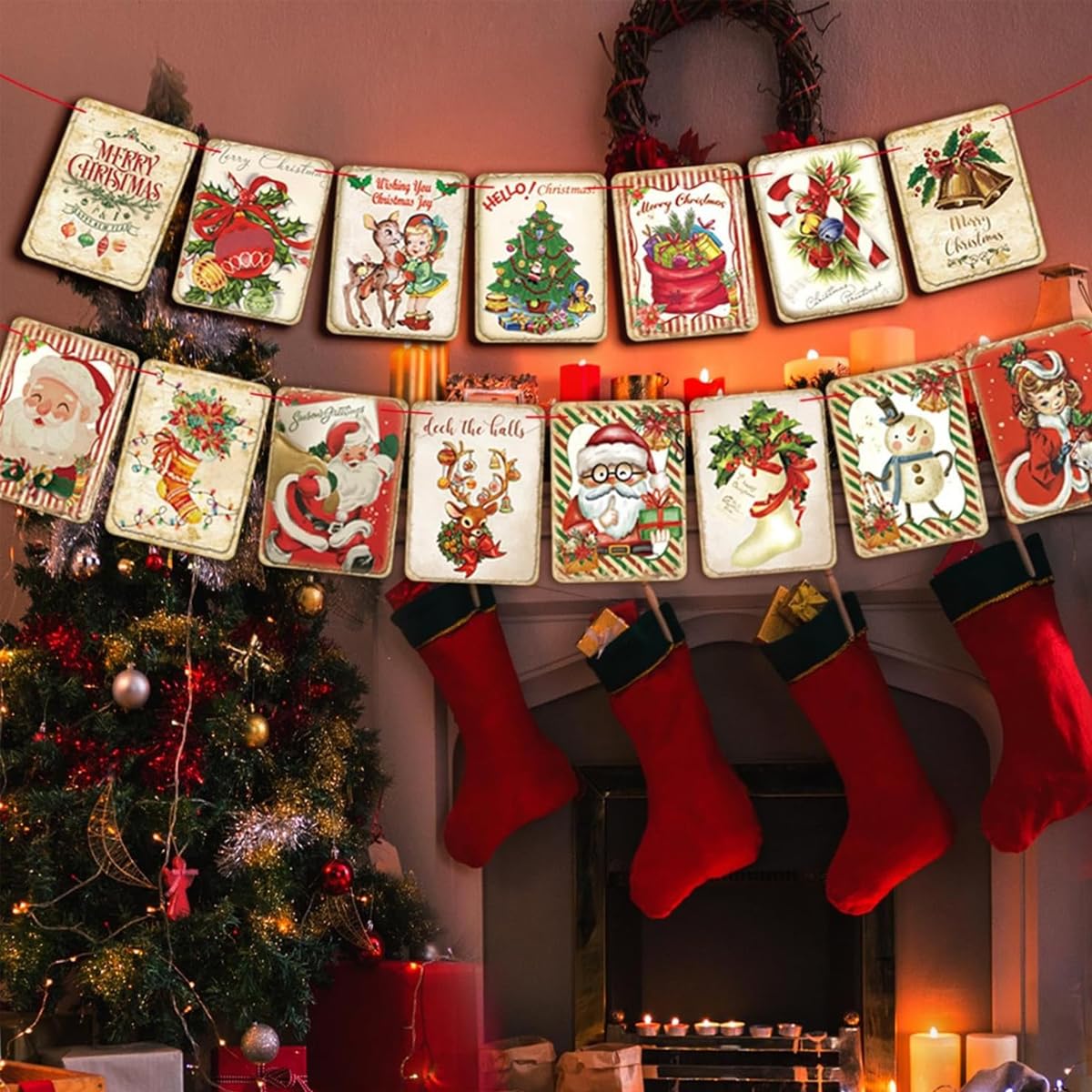 HASTHIP Christmas Wall Hanging Banner for Door and Room with 15pcs 5.5×7.68in Vintage Flags