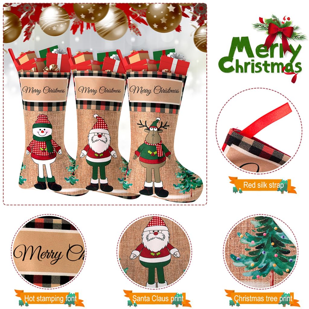 HASTHIP Christmas Stockings 3pcs 16 inch Linen Set for Fireplace and Tree | Elk Snowman Santa Design