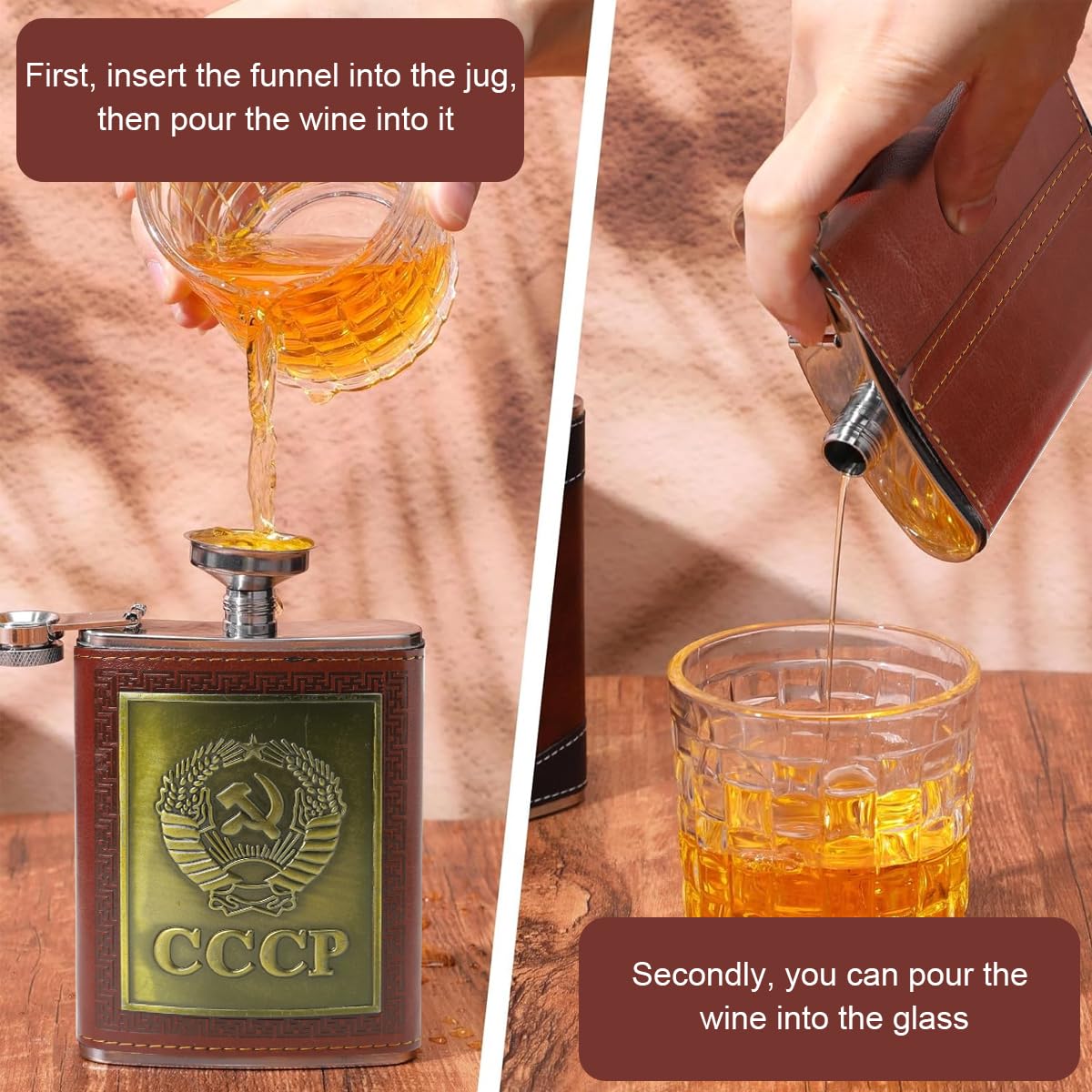 HASTHIP Whisky Flask Gift Set for Men with 8 oz CCCP Embossed PU Finish | Stainless Steel Accessories