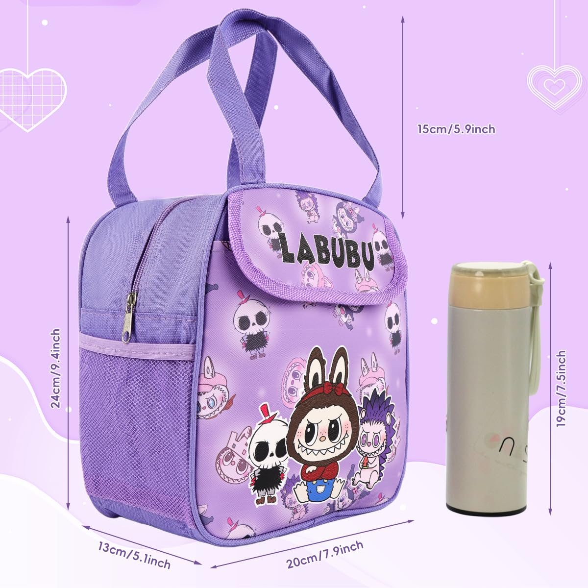 HASTHIP Kids Lunch Bag for School and Picnic with Insulated Waterproof Nylon 23x13x23cm | Cute Cartoon Design and Extra Pockets