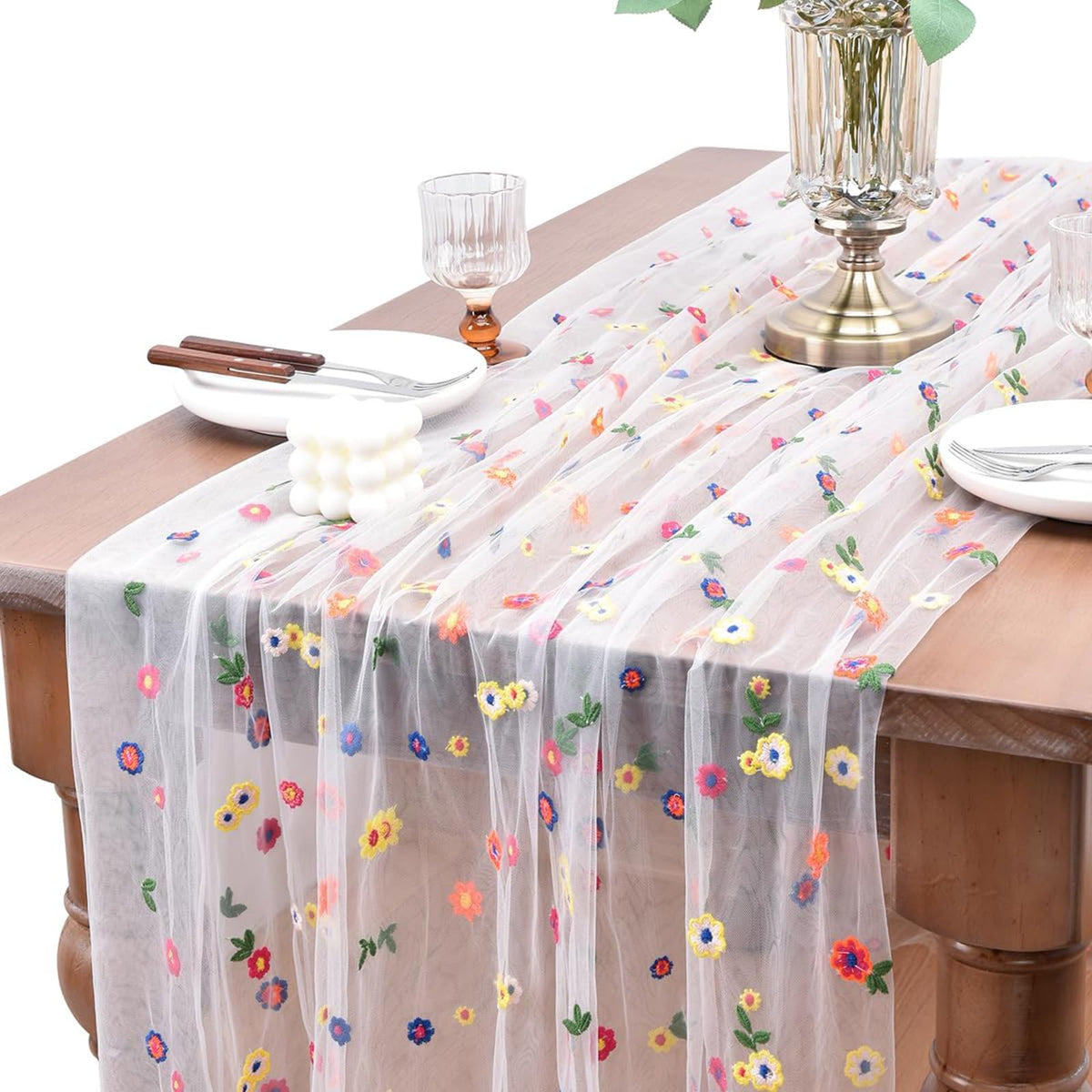 HASTHIP Table Runner for Dining and Wedding with Embroidered Daisy Lace 29 x 108 in | White Tulle Decor