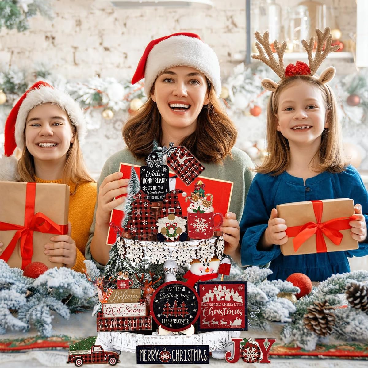 HASTHIP Christmas Decorations Set for Tiered Trays with 17 Wooden Pieces | DIY Holiday Decor