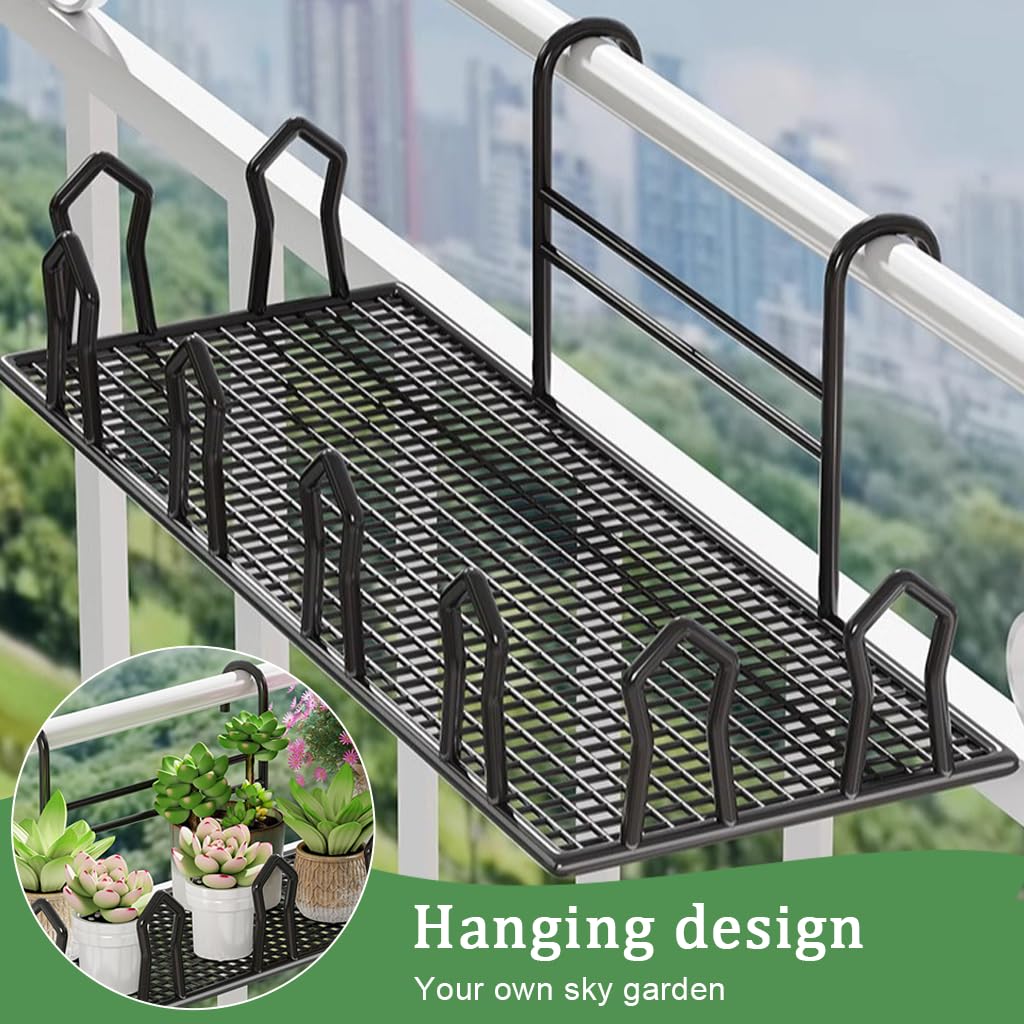 HASTHIP Hanging Flower Pot Shelf for Handrail with Double Layer Wire Mesh Rack 42.5x23x20cm | Balcony and Garden Fence Planter Organizer