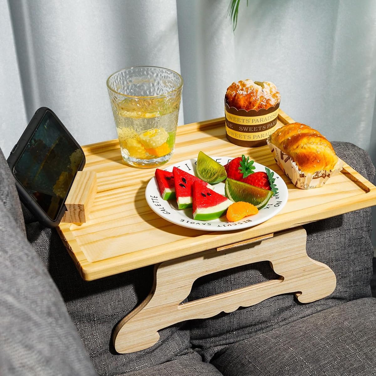 HASTHIP Sofa Armrest Wooden Tray for Work and Relaxing with 360° Rotatable Phone Holder | Eco-Friendly Bamboo Folding Table