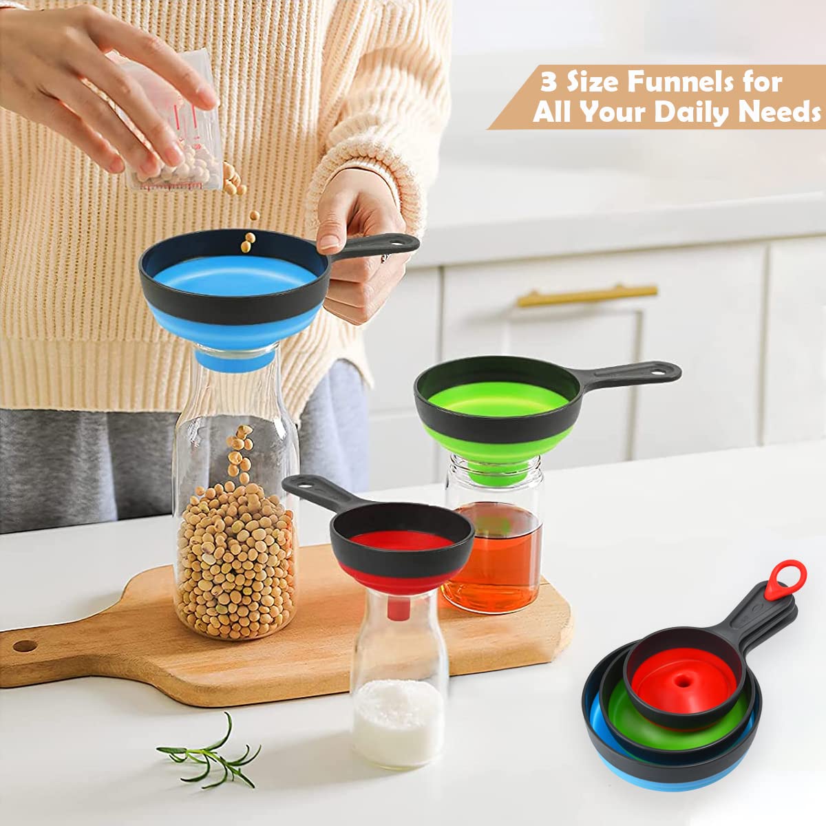 HASTHIP Kitchen Funnels for Bottles and Jars with Foldable Handle | 3Pcs Food Grade Silicone Set
