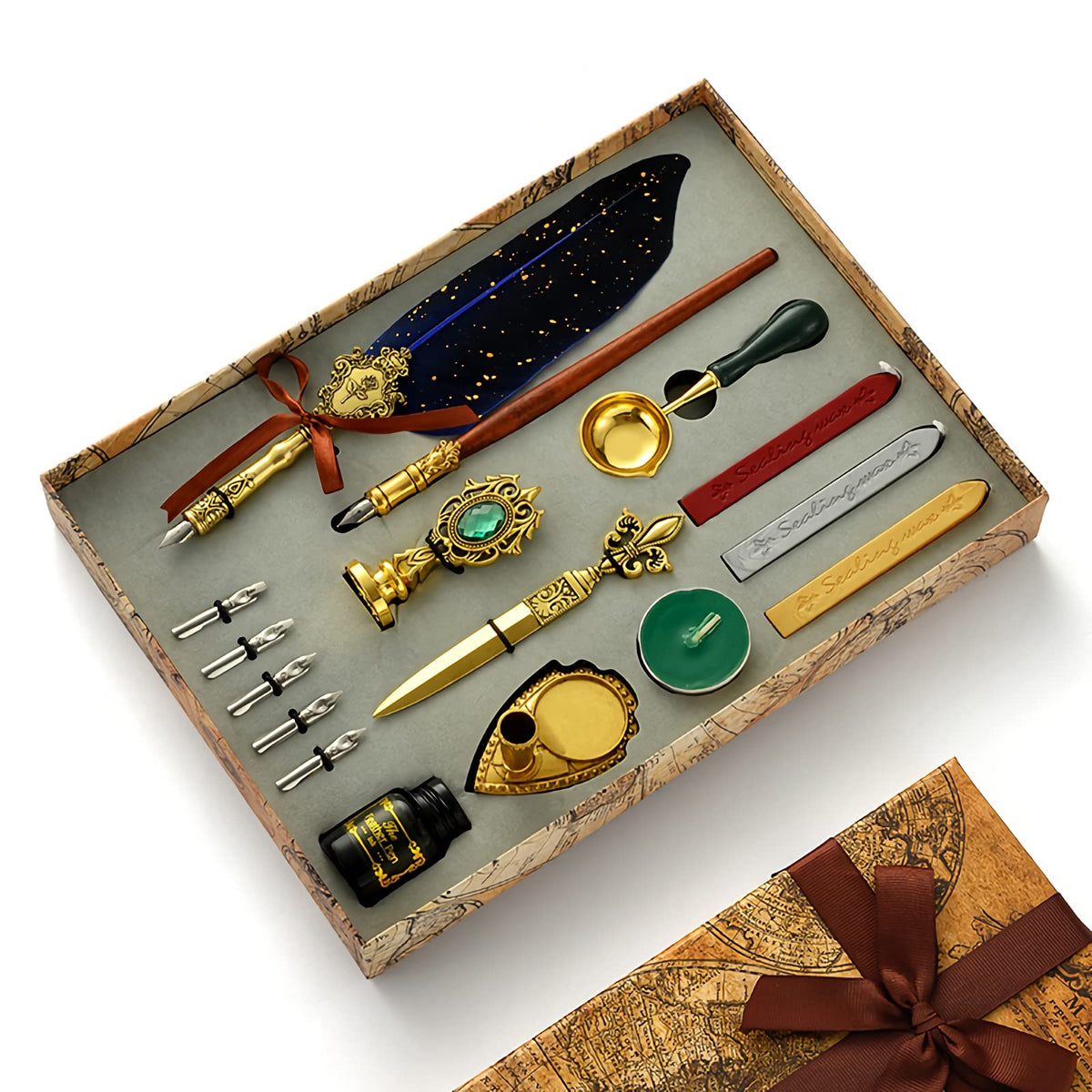 HASTHIP Quill Pen Ink Wax Seal Stamp Gift Set with 5 Nibs and Natural Feather | Blue
