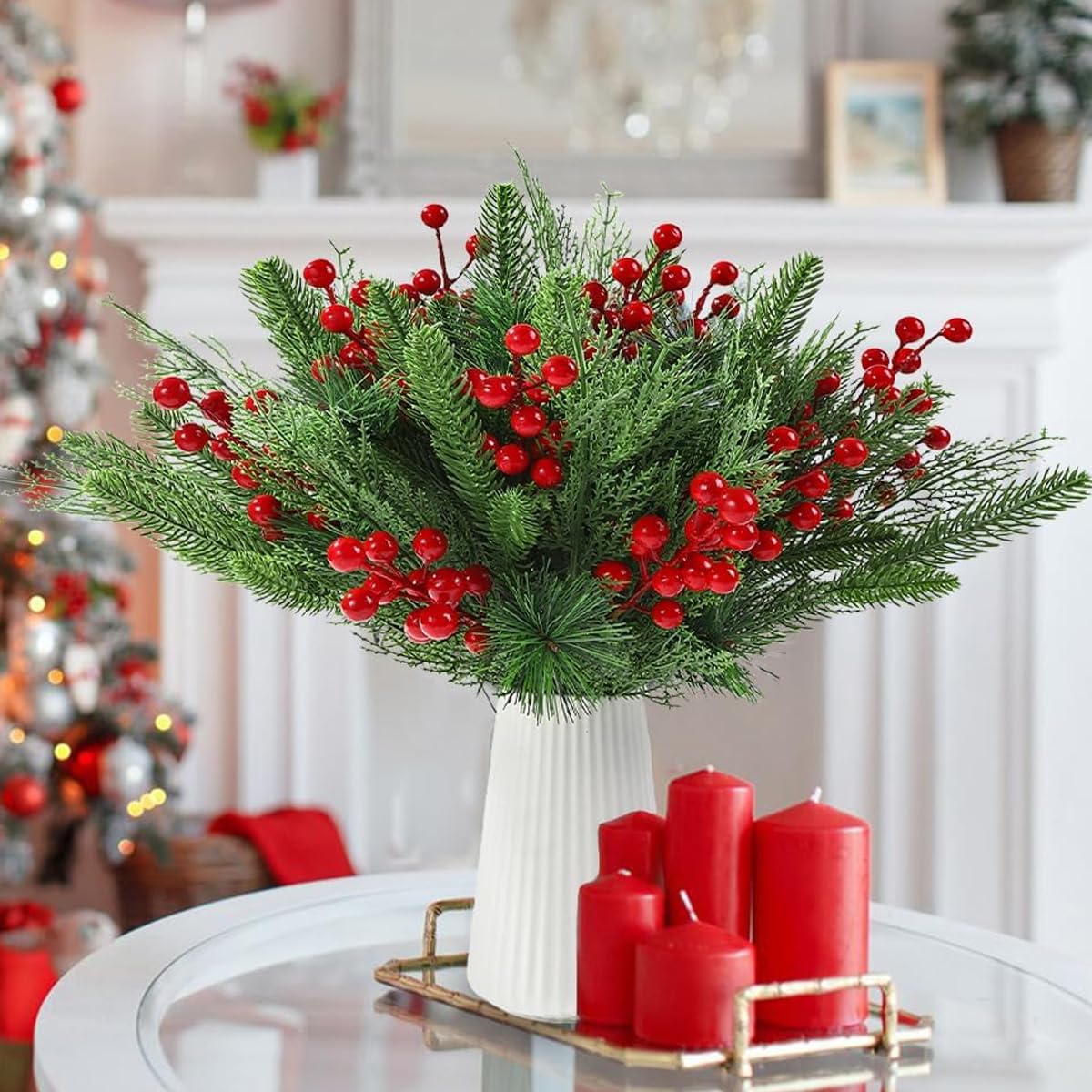 HASTHIP Christmas Tree Ornaments for DIY Decoration with 60Pcs Pine and Red Berry Set