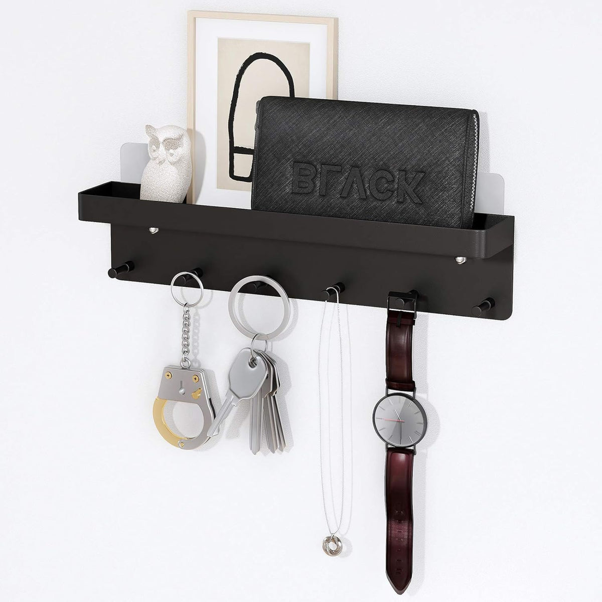 HASTHIP® Wall Key Holder Storage Shelf for Entryway Modern 6-Hook Wall Key Organizer Home Decor Self Adhesive Wall Key Holder Stainless Steel Wall Key Holder Organzier Rack for Doorway, Entry
