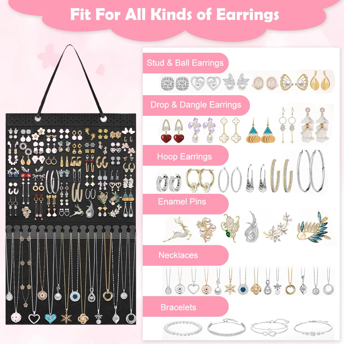 HASTHIP Hanging Jewelry Organizer for Earrings and Necklaces with 140 Holes and 16 Hooks | Felt Display Holder 57×34.5 cm