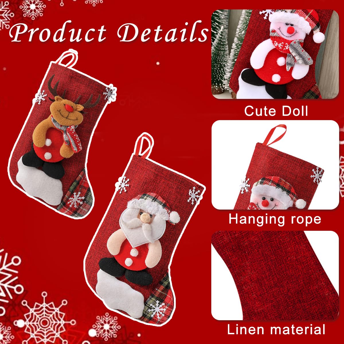 HASTHIP® 4pcs Red Christmas Stocking 9 inch x 6.2 inches Christmas Gift Stocking with 4 Designs Hanging Christmas Stockings Gift Christmas Stocking Christmas Stocking for Window, Christmas Tree, Door