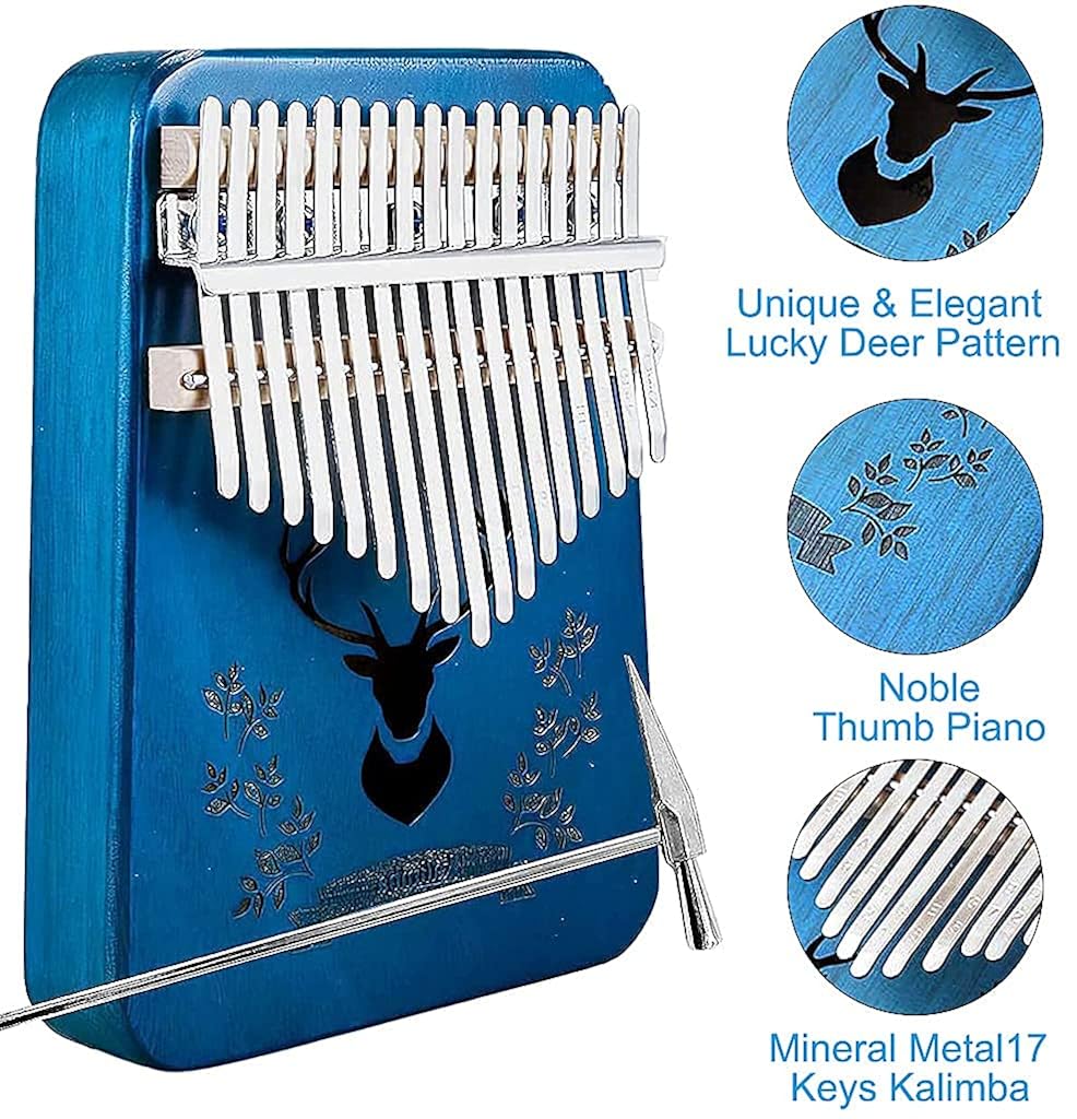 HASTHIP® Kalimba Piano de Pulgar 17 Teclas,Instrumento Musical de Madera con Martillo Afinación,Bolsa Pegatinas Libro Aprendizaje Protección Dedos Regalo Portátil para Niños y Adultos