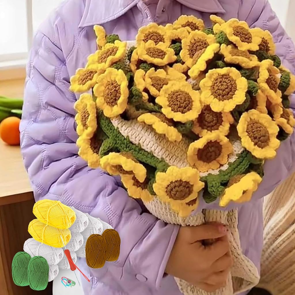HASTHIP® DIY Crochet Art Kit Sunflower Blanket Craft Kit 70cm Dia Round Blanket DIY Crochet Couch Blanket Romantic Sunflower Blanket for Home Decor, Gifting, with Step and Step Guide & Tool Kit