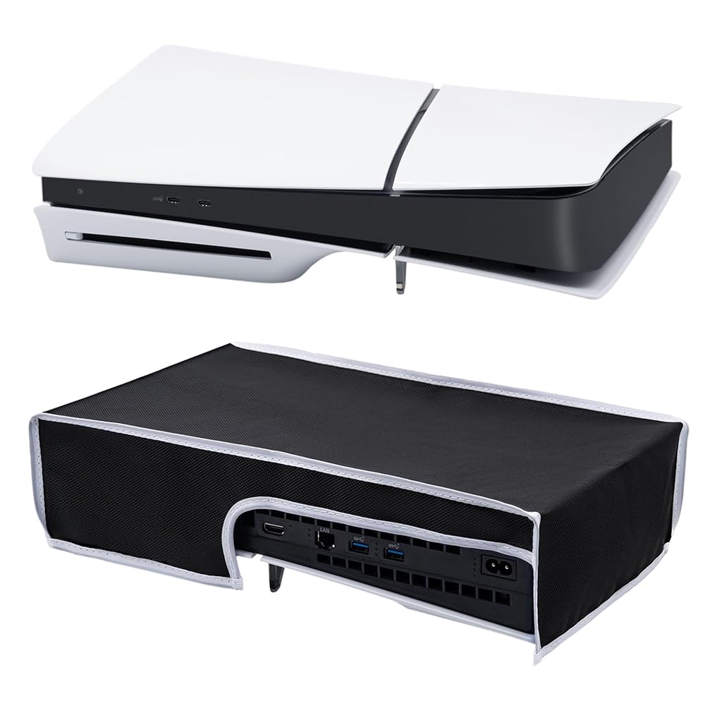 HASTHIP® Funda Antipolvo para PS5 Slim,Cubierta Protectora de Tela Oxford 1680D para Consola PlayStation 5 Slim Digital y con Disco,Ajuste Preciso con Abertura Cables (Negro)