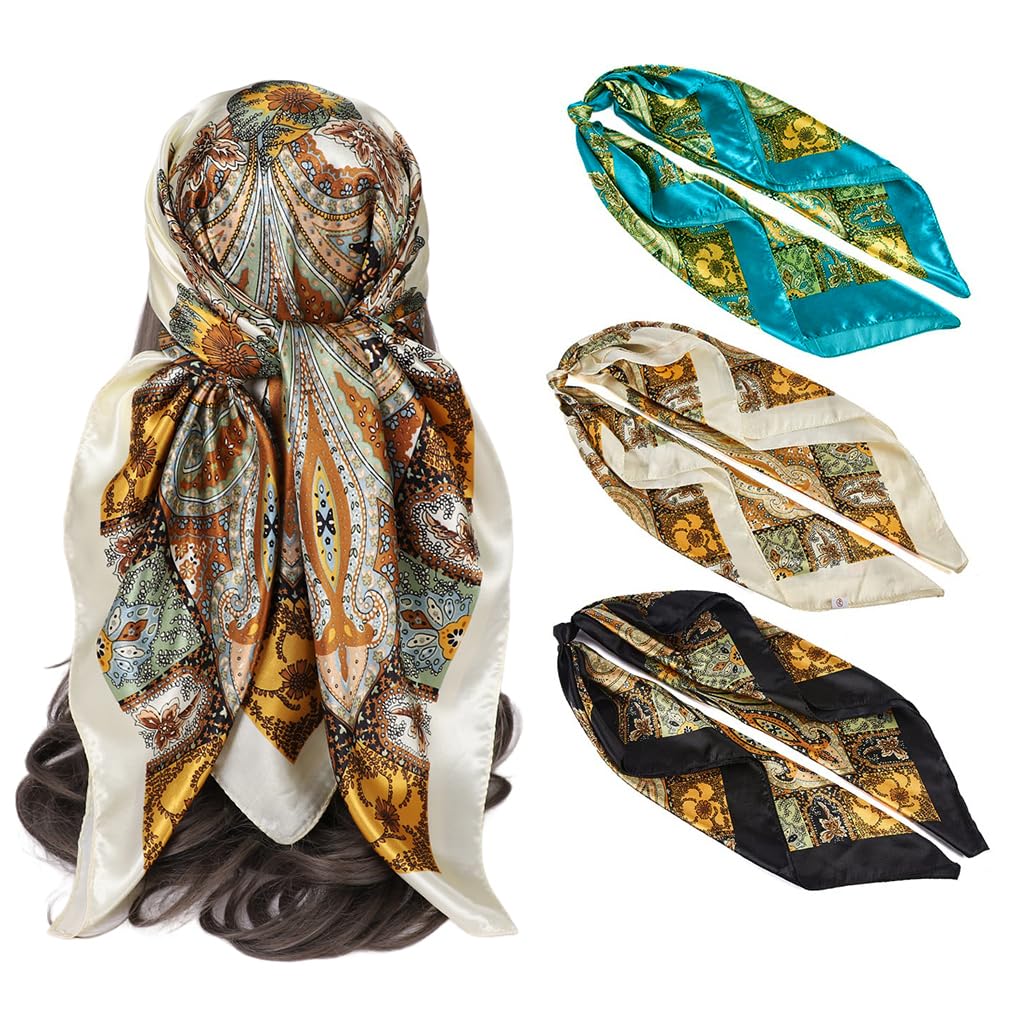 HASTHIP® Pañuelos de Seda para Mujer 3 Piezas,Bufanda Cuadrada de Satén 90x90cm,Bandana Verano Elegante para Cabeza y Cuello Pañuelo Estampado Moda Playa Regalo Lujoso y