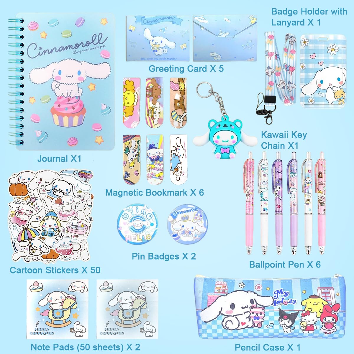 HASTHIP® Kawaii CinnamorollSchool Supplies Set, Kawaii Stationeries Supplies Set with Notebook, Pencil Pouch, Click Pens, Assorted Cinnamoroll Cartooon Stickers, Girls School Gift Set