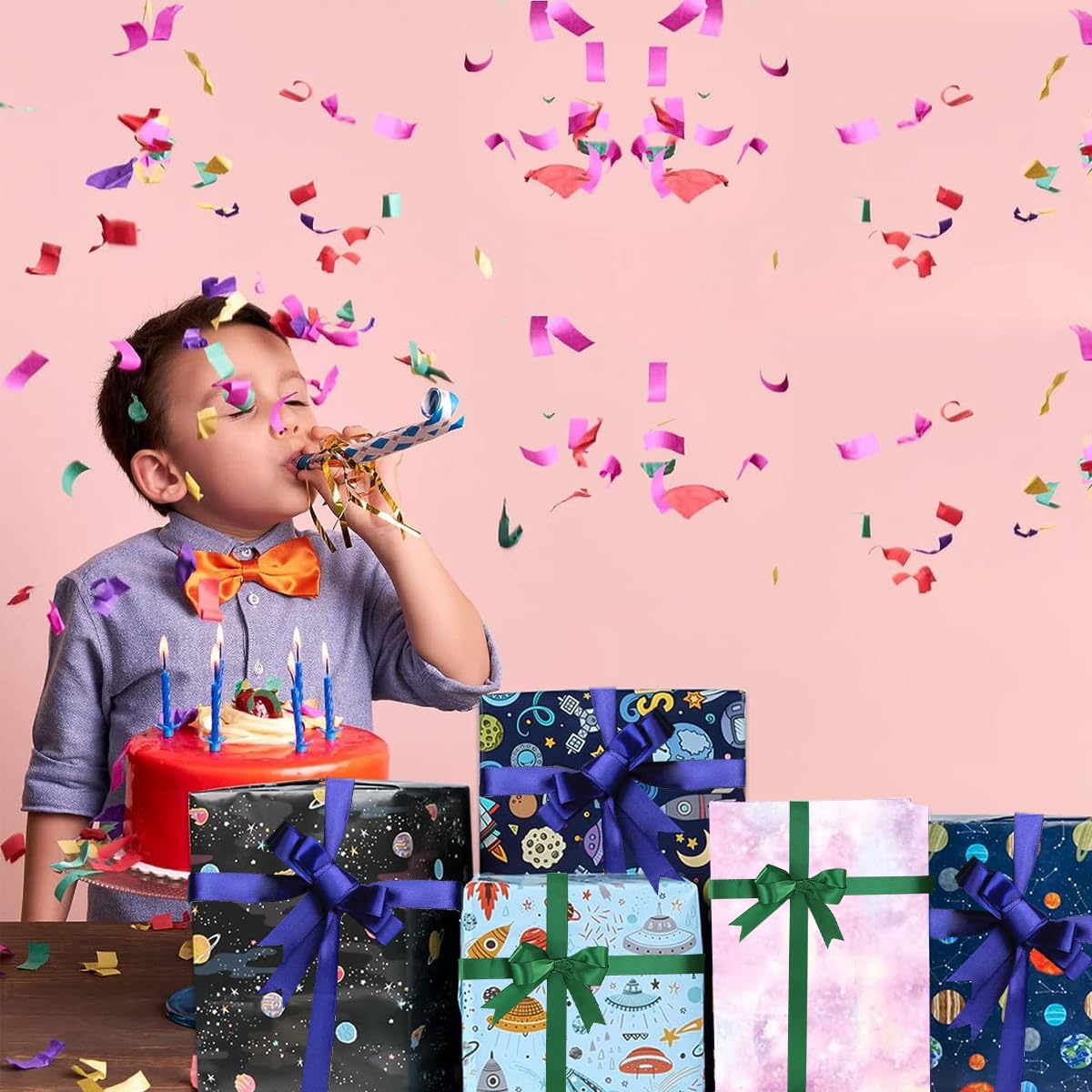 HASTHIP Gift Wrapping Paper Kit for Birthdays and Festivals with 6 Sheets 27.5 x 19.6 in & 2 Ribbons | Cartoon Design for Kids Gifts