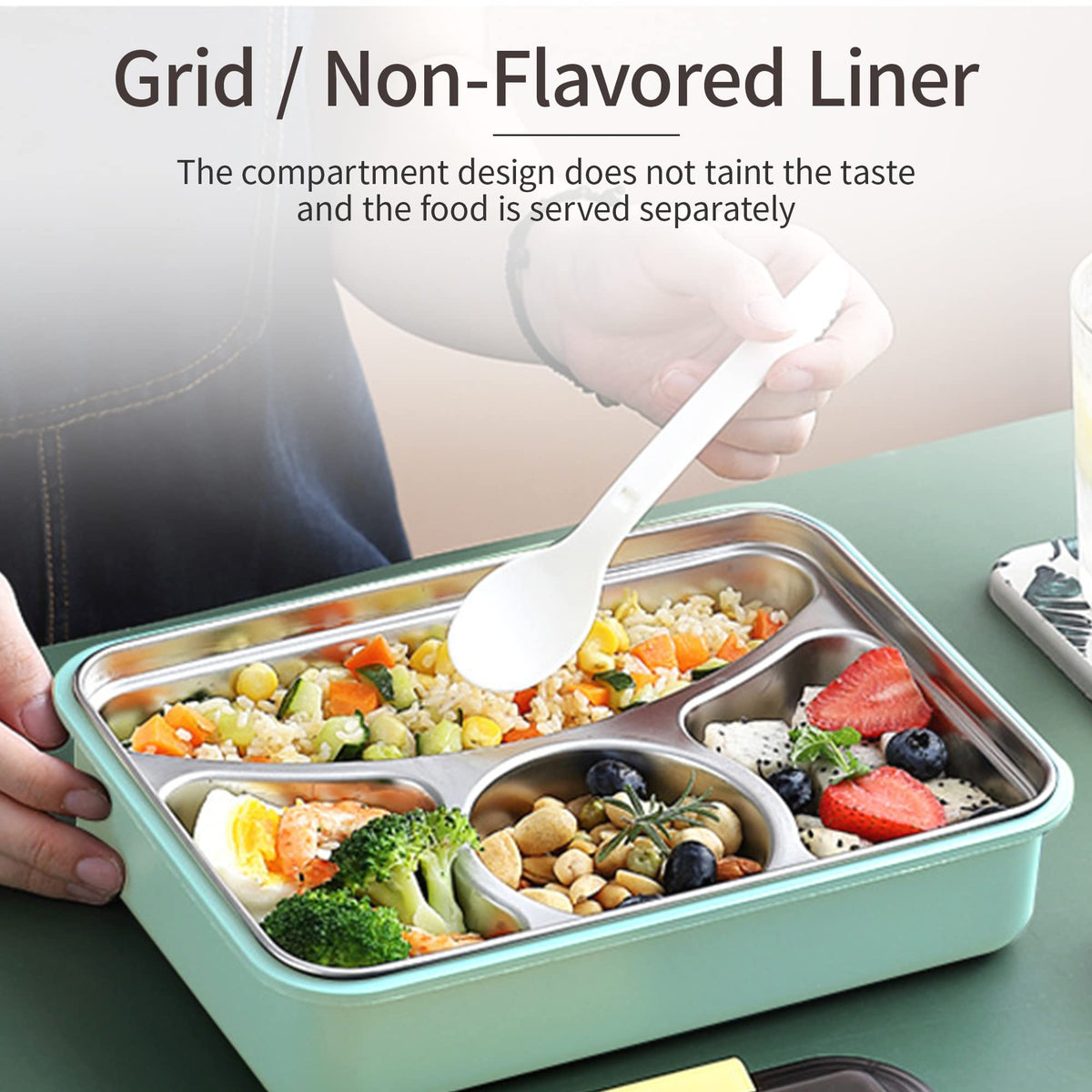 Lunch Box with Spoon Fork for Men Women Kids, 1000ml Stainless Steel Leakproof Bento Box with 4 Separate Compartments for School Office Camping (Light Green)