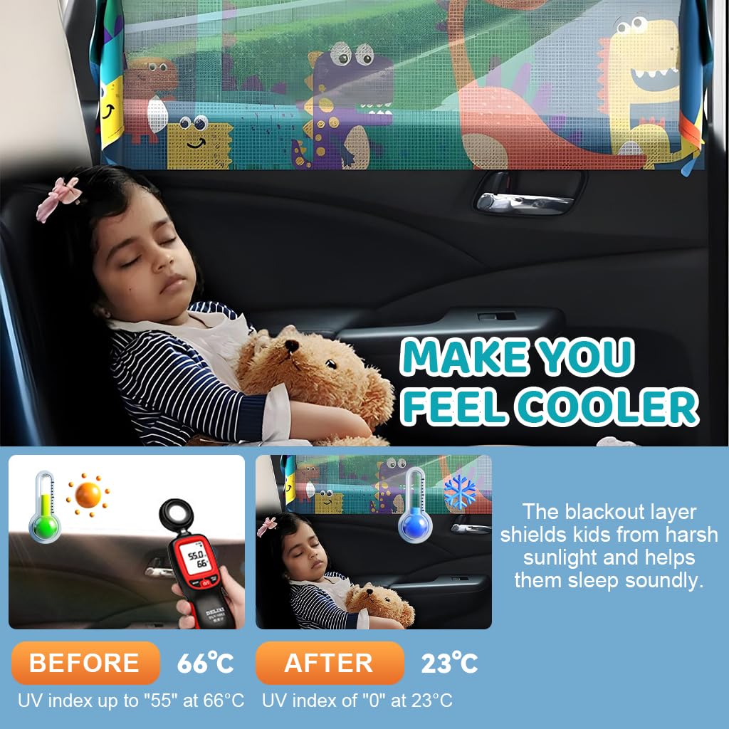 HASTHIP® Cartoon Dinosaur Family Print Magnetic Window Sun Shades for Car Double Layer UV Protection Privacy