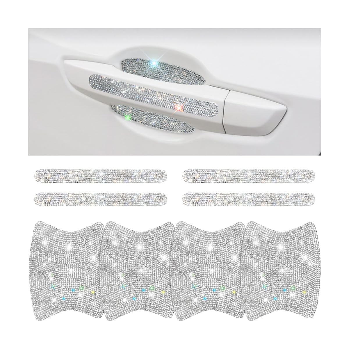 HASTHIP® 8PCS Protectores de Manija de Puerta para Coche con Brillantes, Vinilo Decorativo Antirrayas con Cristales, Accesorios Universales para SUV, Sedán y Camión - Blanco